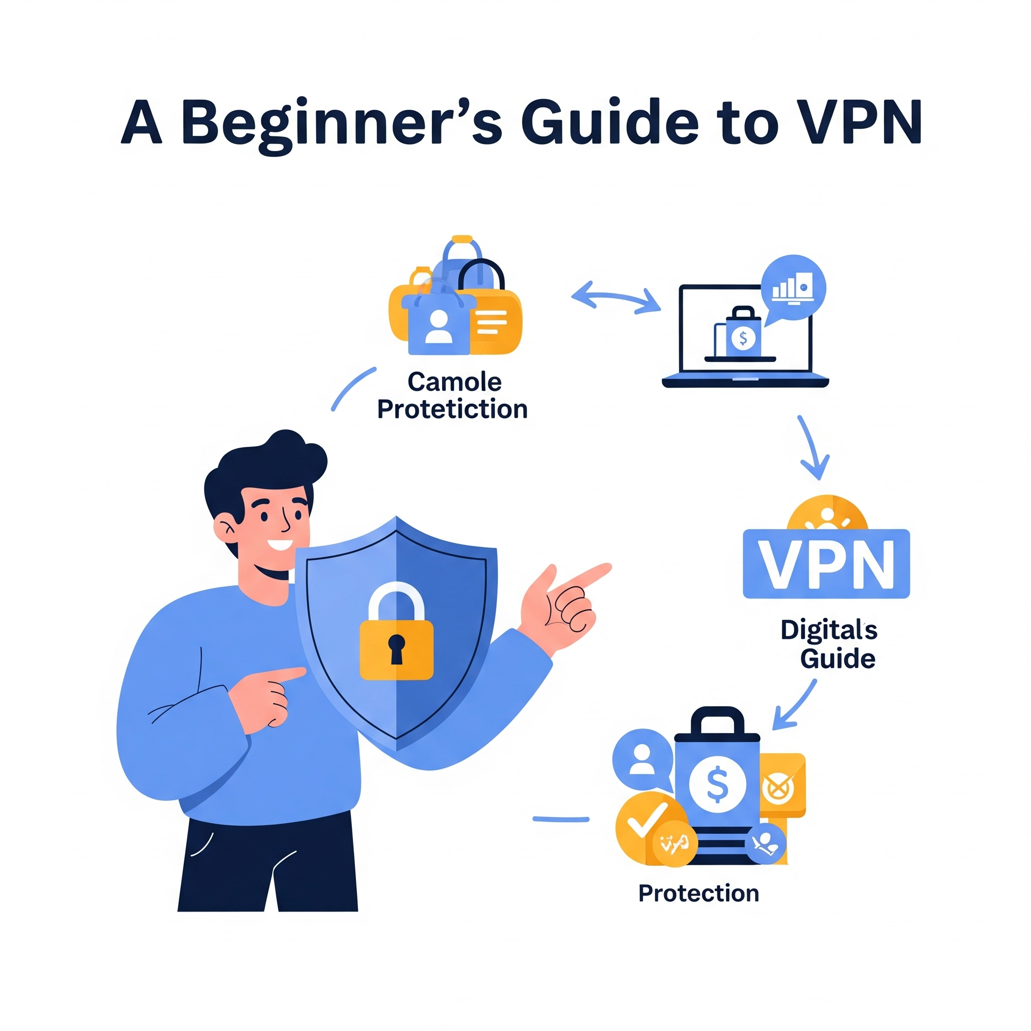 Infographic explaining what a VPN is for beginners, showing data protection with a shield and a padlock.